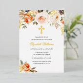 Peach Gold Waterverf Floral Girl Baptisme Folie Uitnodiging (Staand Voorkant)