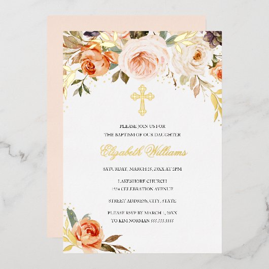 Peach Gold Waterverf Floral Girl Baptisme Folie Uitnodiging (Voorkant / Achterkant)