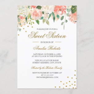Peach Gold Waterverf Floral Sweet Sixteen Kaart