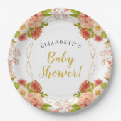 Peach Gold Waterverf Flowers Baby shower Papieren Bordje (Voorkant)