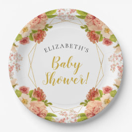 Peach Gold Waterverf Flowers Baby shower Papieren Bordje