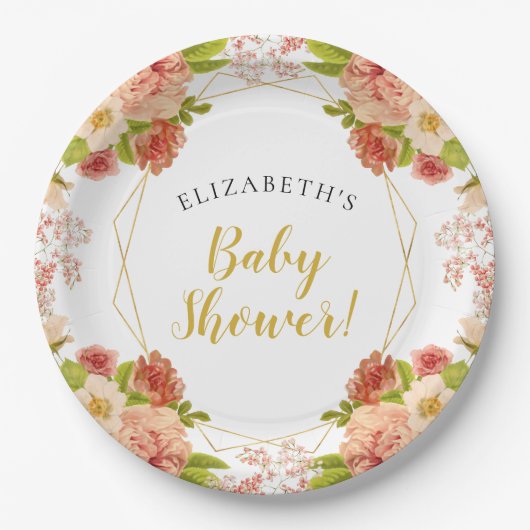 Peach Gold Waterverf Flowers Baby shower Papieren Bordje (Voorkant)