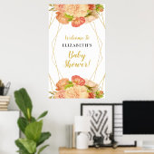 Peach Gold Waterverf Flowers Baby shower Sign Poster (Thuiskantoor)