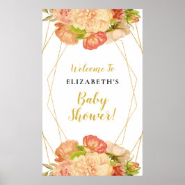 Peach Gold Waterverf Flowers Baby shower Sign Poster