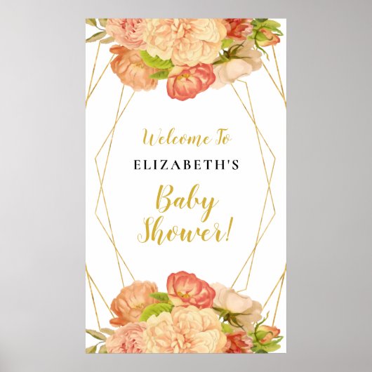 Peach Gold Waterverf Flowers Baby shower Sign Poster (Voorkant)