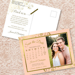 Peach & Gold Wedding Bewaar de datum Agenda Foto Aankondigingskaart