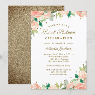 Peach Gouden Glitter Bloemige Sweet Sixteen Uitnod Kaart