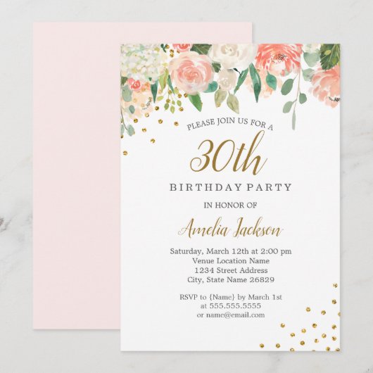 Peach Gouden Waterverf Bloemen 30ste Verjaardagsfe Kaart (Voorkant / Achterkant)