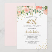 Peach Gouden Waterverf Bloemen 40ste Verjaardagsfe Kaart (Voorkant / Achterkant)