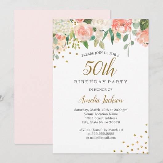 Peach Gouden Waterverf Bloemen 50ste Verjaardagsfe Kaart (Voorkant / Achterkant)