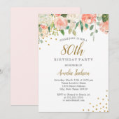 Peach Gouden Waterverf Bloemen 80ste Verjaardagsfe Kaart (Voorkant / Achterkant)