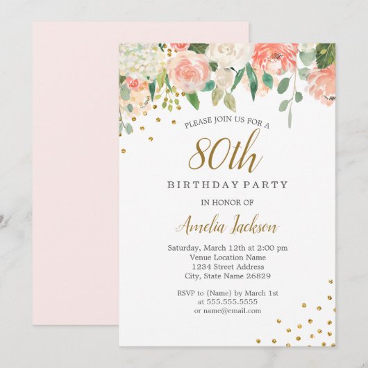 Peach Gouden Waterverf Bloemen 80ste Verjaardagsfe Kaart (Voorkant / Achterkant)