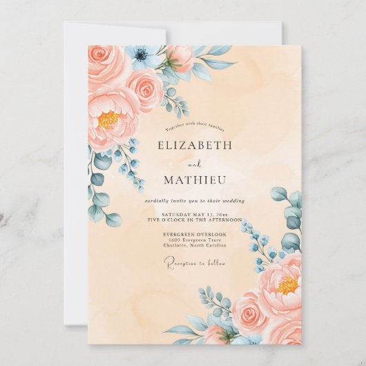 Peach Graceful Peony Wedding Kaart (Voorkant)