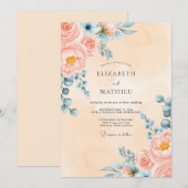 Peach Graceful Peony Wedding Kaart (Voorkant / Achterkant)
