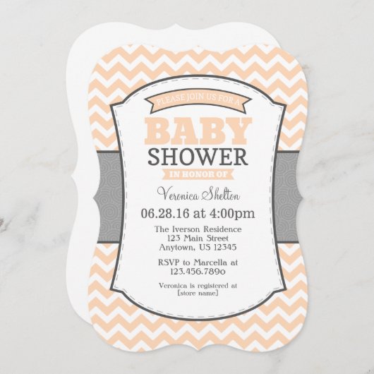 Peach Gray Chevron Baby shower Uitnodiging (Voorkant / Achterkant)