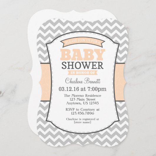 Peach Gray Chevron Baby shower Uitnodiging (Voorkant / Achterkant)