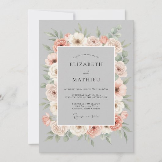 Peach Gray Floral Romance Wedding Kaart (Voorkant)