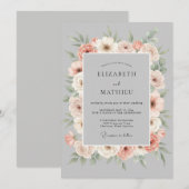 Peach Gray Floral Romance Wedding Kaart (Voorkant / Achterkant)