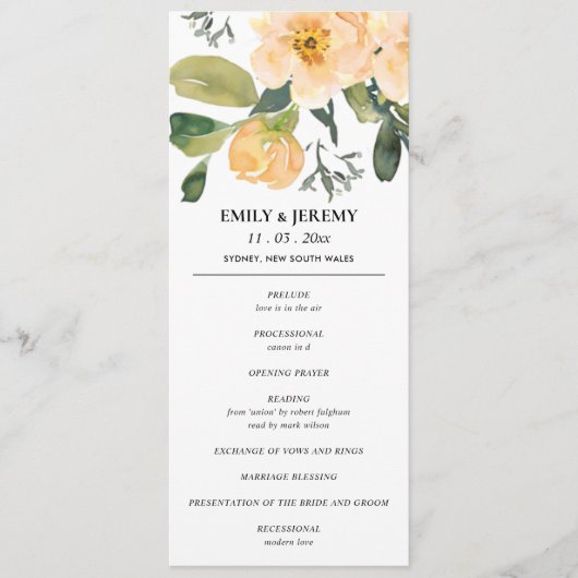 PEACH GRAY PEONY FLORAL WATERVERF WEDDING PROGRAMM MENU (Voorkant)
