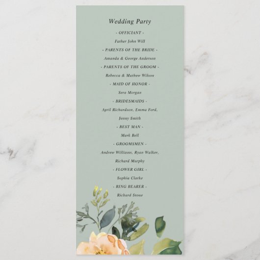 PEACH GRAY PEONY FLORAL WATERVERF WEDDING PROGRAMM MENU (Achterkant)