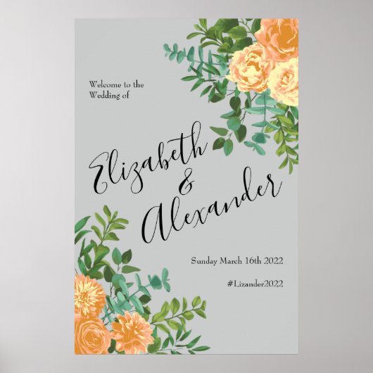 Peach Gray Wedding Spring Floral Poster (Voorkant)