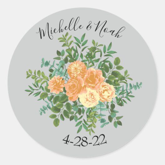 Peach Gray Wedding Spring Floral Ronde Sticker (Voorkant)