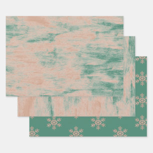 Peach Green Abstract Sneeuwvlokken Kerst Inpakpapier Vel