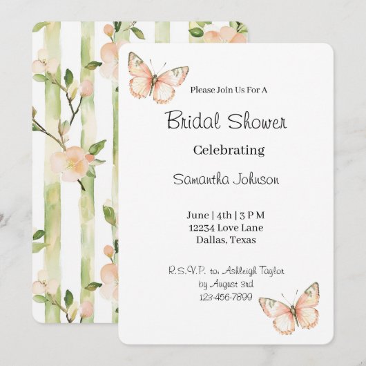 Peach Green Butterflies Floral Bridal Shower   Kaart (Voorkant / Achterkant)