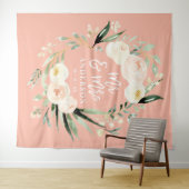 Peach + green Mr & Mrs waterverf floral bruiloft Wandkleed (In Situ (horizontaal))