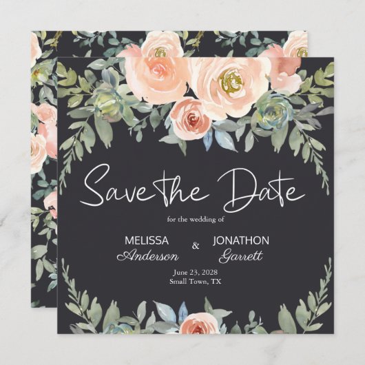 Peach Green Navy Pastel Floral Elegant Save The Date (Voorkant / Achterkant)