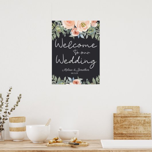 Peach Green Navy Pastel Floral Wedding Poster (Keuken)