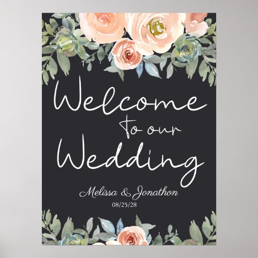 Peach Green Navy Pastel Floral Wedding Poster (Voorkant)