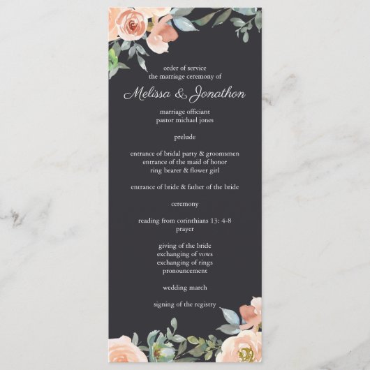 Peach Green Navy Pastel Floral Wedding Programme Programmakaart (Voorkant)