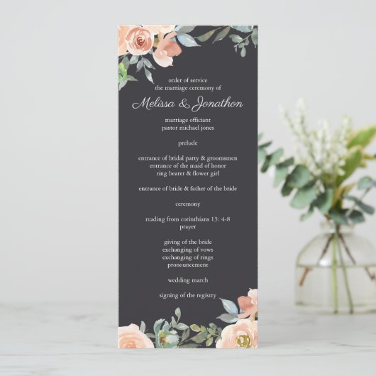 Peach Green Navy Pastel Floral Wedding Programme Programmakaart (Staand voorkant)