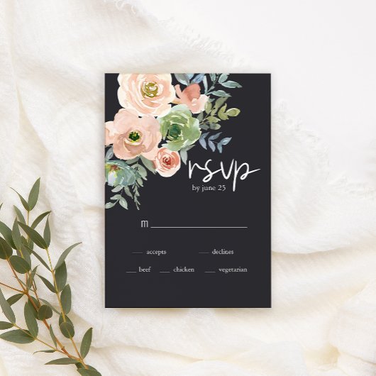 Peach Green Navy Pastel Floral Wedding RSVP Card