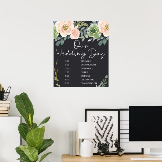 Peach Green Navy Pastel Floral Wedding Schedule Poster (Thuiskantoor)