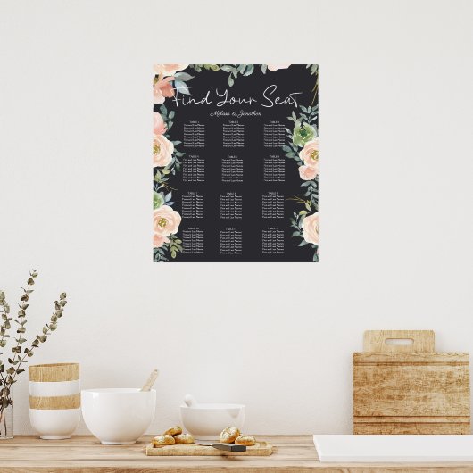 Peach Green Navy Pastel Wedding Seating Chart Poster (Keuken)