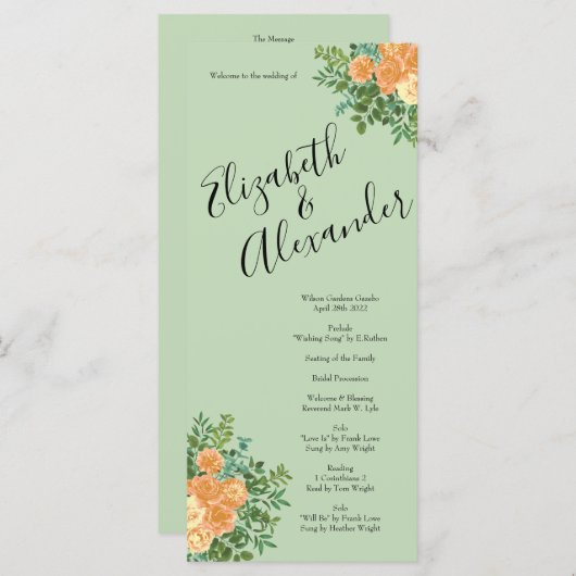 Peach Green Wedding Spring Pastel Floral Menu (Voorkant / Achterkant)