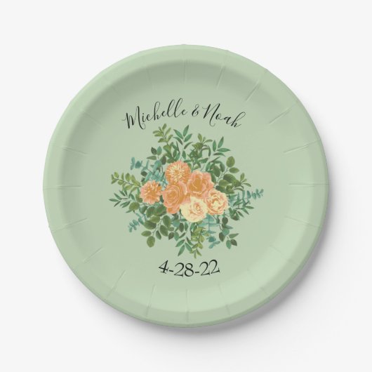 Peach Green Wedding Spring Pastel Floral Papieren Bordje (Voorkant)