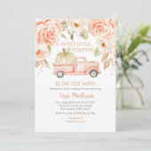 Peach Greenery Truck Baby shower Girl Invitation Kaart (Staand voorkant)