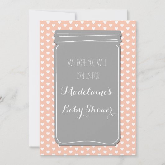 Peach Grey Hearts Mason Jar Baby shower Invitation Kaart (Voorkant)