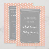Peach Grey Hearts Mason Jar Baby shower Invitation Kaart (Voorkant / Achterkant)