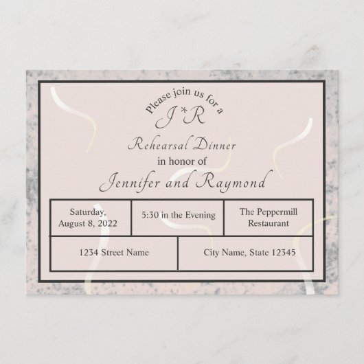 Peach & Grey Marble Monogramsal Dinner Informatiekaartje (Voorkant)