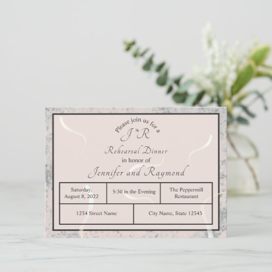 Peach & Grey Marble Monogramsal Dinner Informatiekaartje (Staand voorkant)