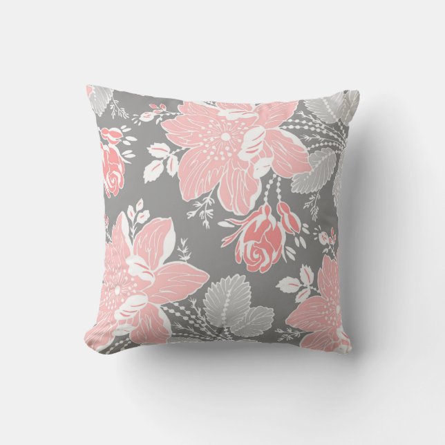 Peach Grey White Floral Decorative Pillow Kussen (Voorkant)
