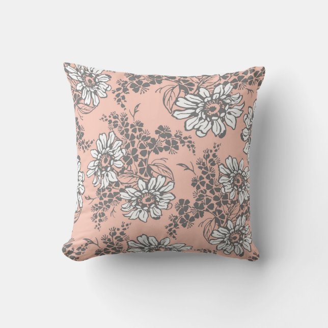 Peach Grey White Floral Decorative Pillow Kussen (Voorkant)