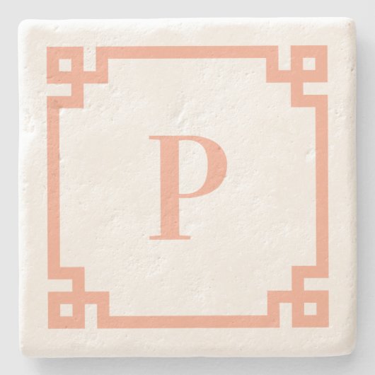 Peach Griekse Key Border Monogram Stenen Onderzetter (Voorkant)
