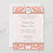PEACH Grijze Victoriaans Damask Wedding Invitation Kaart (Voorkant)