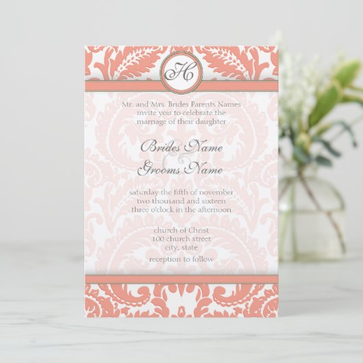 PEACH Grijze Victoriaans Damask Wedding Invitation Kaart (Staand voorkant)