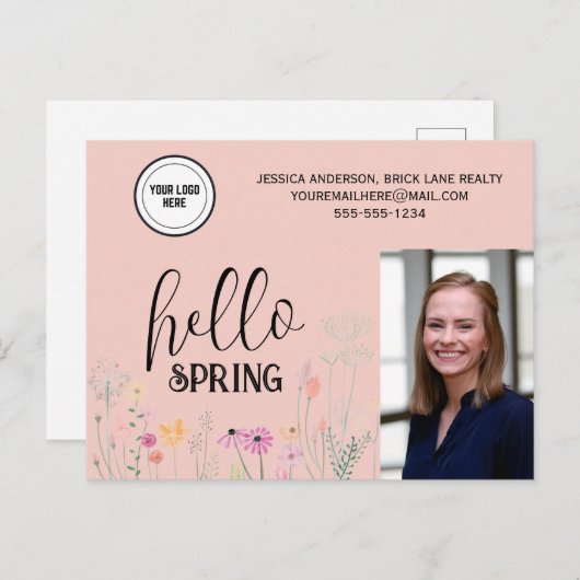 Peach Hallo Spring Real Estate Marketing Briefkaart (Voorkant / Achterkant)